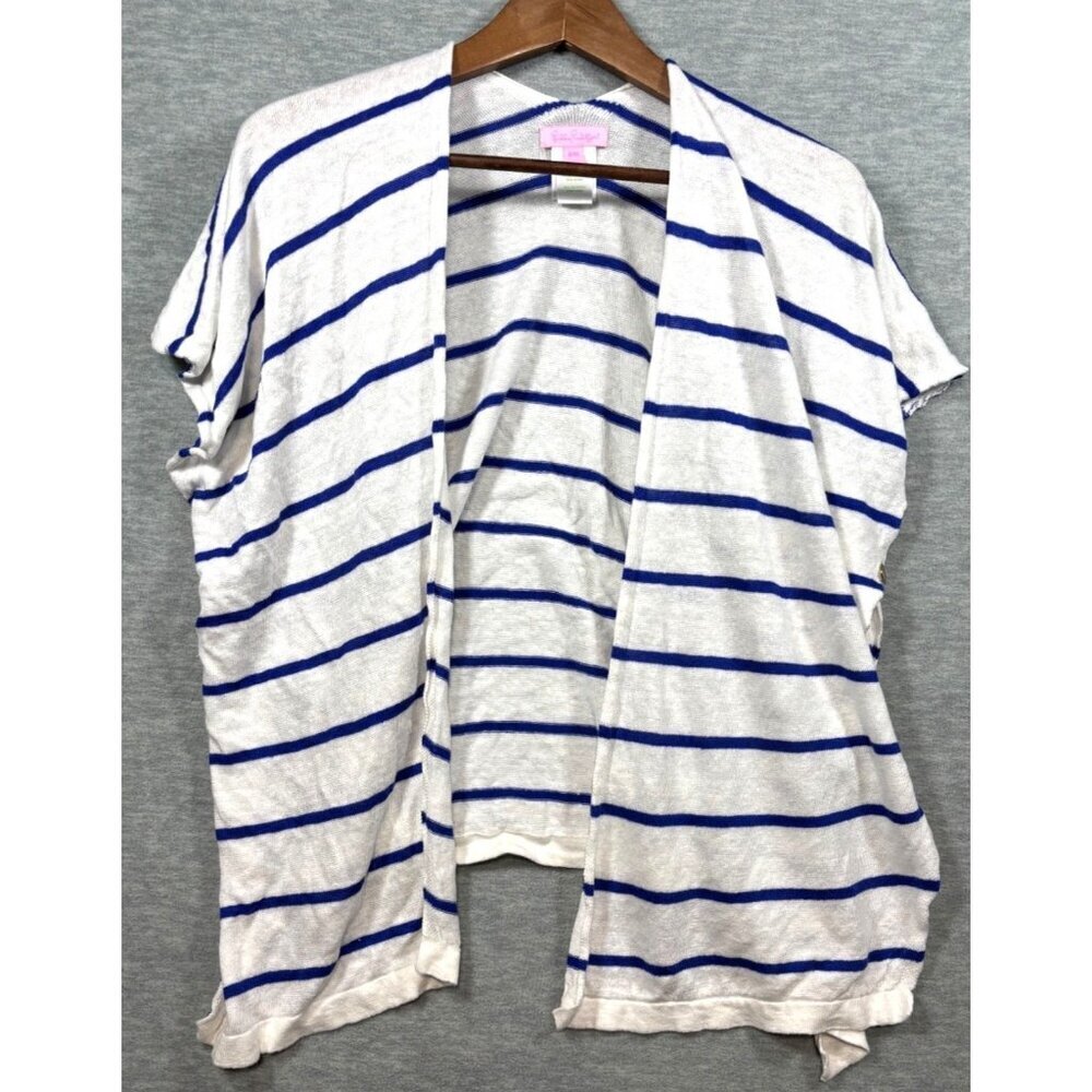 Lilly Pulitzer Myra  White Blue Stripe 100% Linen Open Cardigan Sz S/M‎